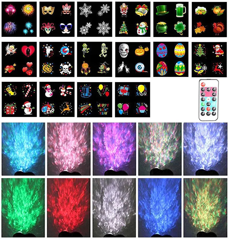 Outdoor waterproof double tube animated water pattern LED light with pattern cards on a garden patio.