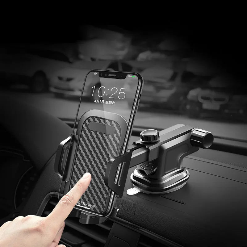 Black car phone holder made of ABS and EVA for mounting 4 to 7 inch smartphones.