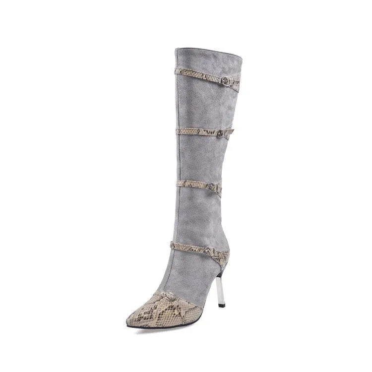 Grey knee-high women's boots with a thin 9cm high heel on a rubber sole.