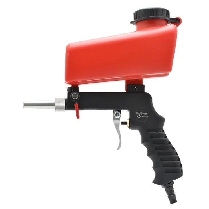 Portable black or blue gravity feed pneumatic sandblasting gun with upper pot tank.