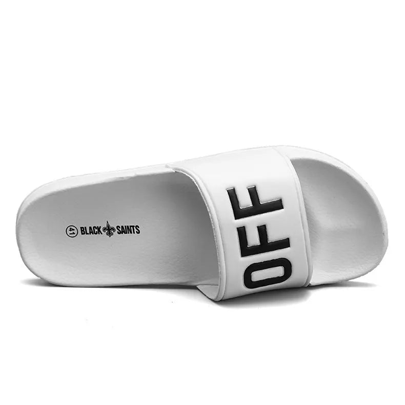 Men's large size open toe slippers in black and white with rubber soles