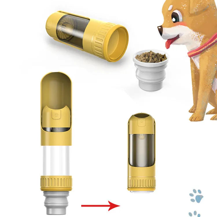 A dark blue portable dog water bottle with an integrated drinking bowl, shown with its leak-proof cap.
