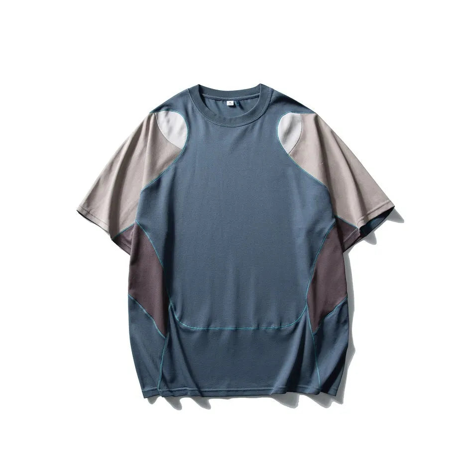 Men's loose fit patchwork contrast colour cotton blend sports T-shirt with short raglan sleeves