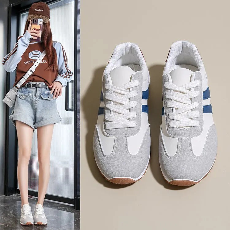 Blue and grey Cortez stripe leisure shoes with artificial PU uppers and flat rubber soles