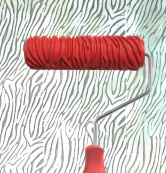 Red rubber textured paint embossing roller with patterned sleeve for DIY wall relief painting