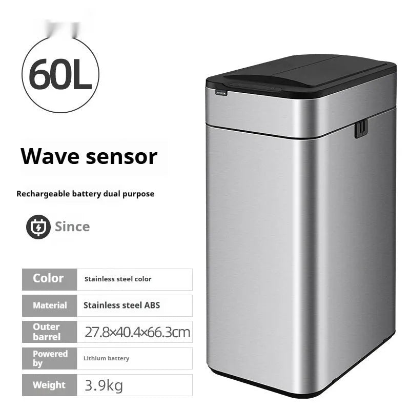 Stainless steel smart inductive trash can with square shape available in multiple sizes for kitchen and office
