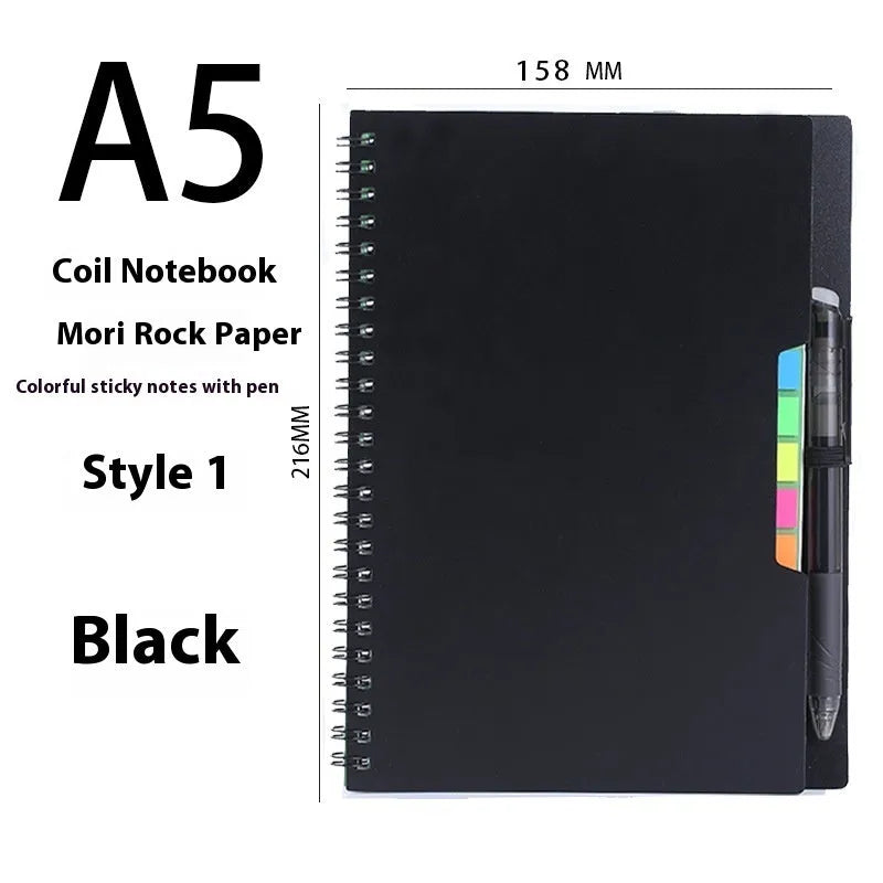 Erasable coil notebook with waterproof stone paper and erasable pen on desk