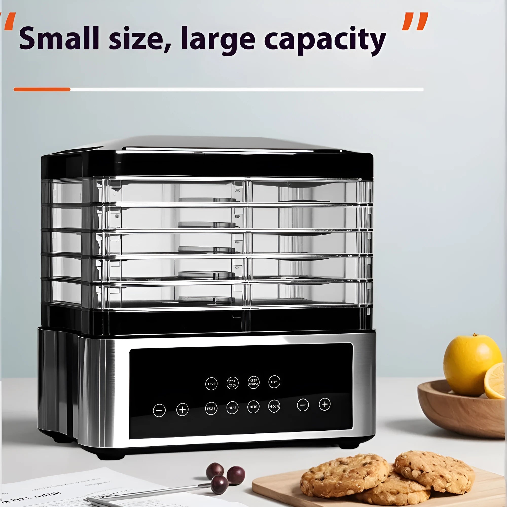 Silver stainless steel fruit dehydrator food dryer with 14-litre capacity