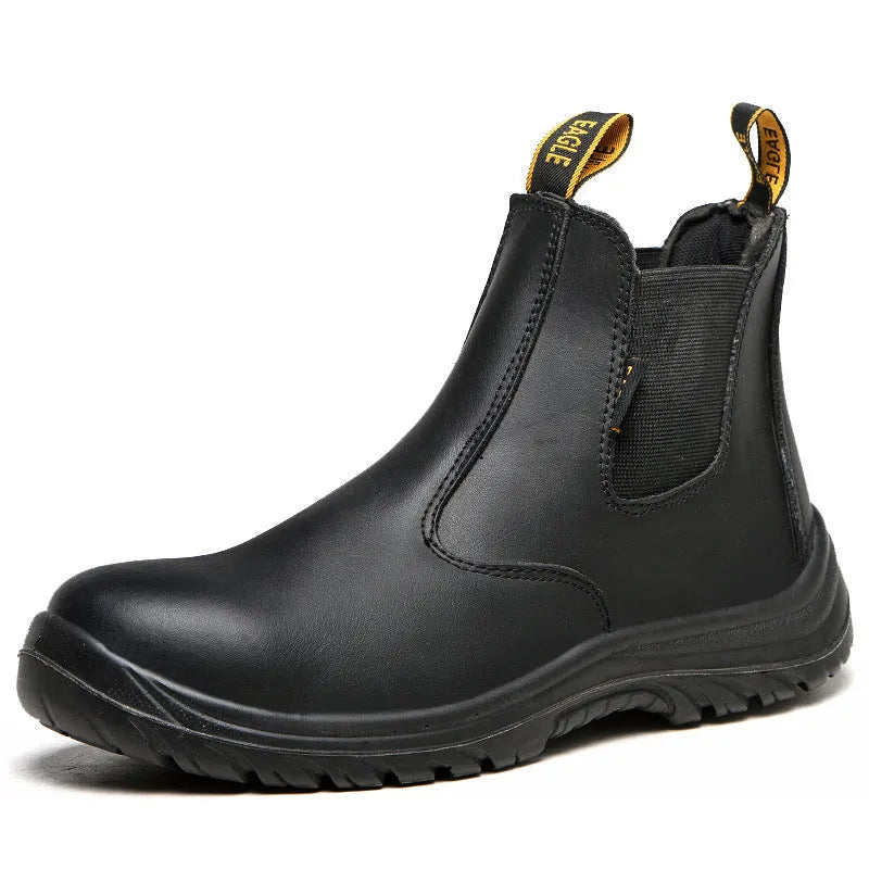 Black high-top leather safety work boots with anti-piercing sole on a work site background.