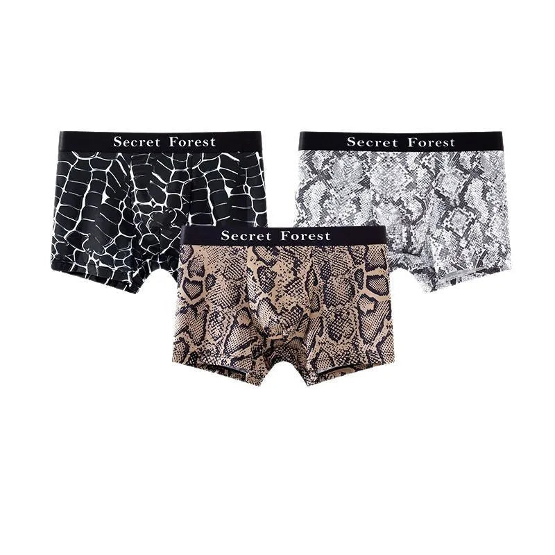Men's thin polyester boxer shorts in black, grey, and brown with loose fit and mid-rise waist