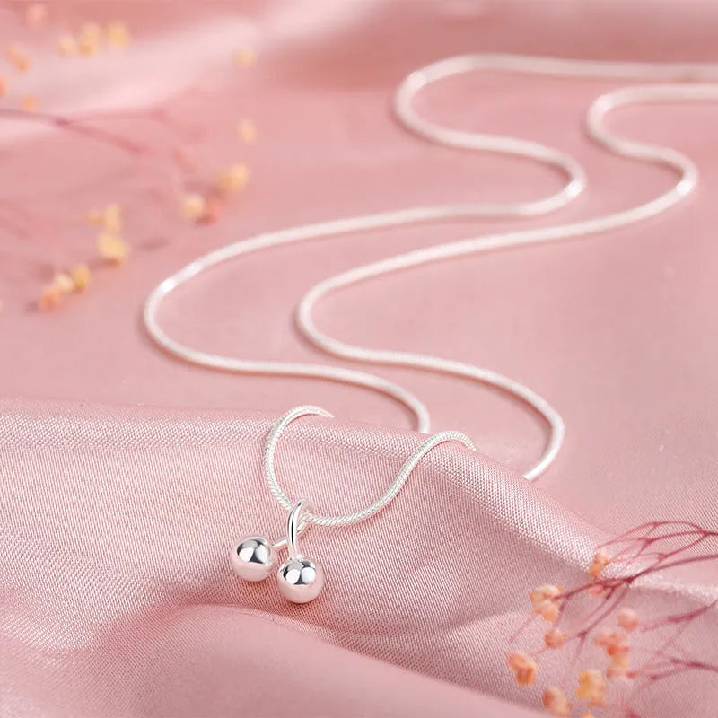 S925 silver cherry necklace with adjustable snake bone chain, Korean style pendant.