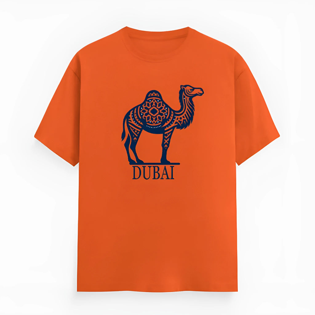 Orange cotton straight cut t-shirt with round neck and short sleeves