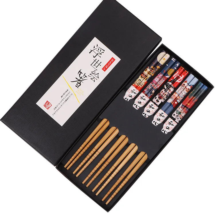 Set of 5 pairs bamboo chopsticks with Japanese-style patterns in gift box packaging