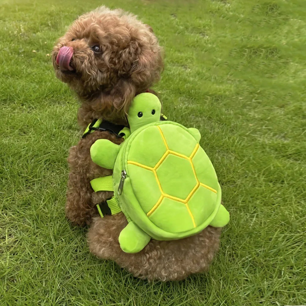 Cartoon turtle shape dog backpack harness vest in velvet with metal zipper, shown in brown colour