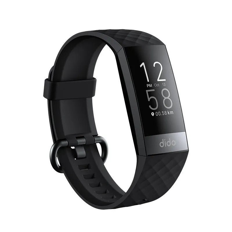 Black smart health bracelet with screen showing blood pressure and ECG readings on wrist.