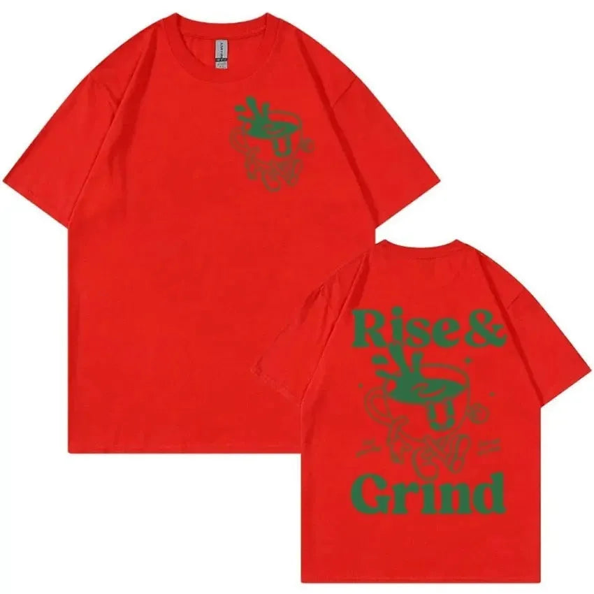 Cartoon Rise and Grind Green Coffee print on a loose-fit linen blend T-shirt.