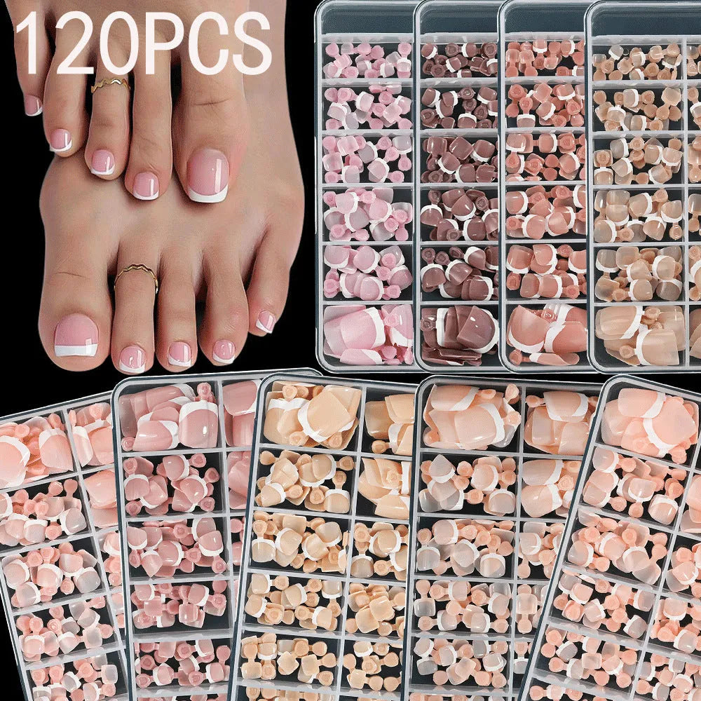 120 piece box of French white edge toenail pieces in nine nude colours with full square short shape