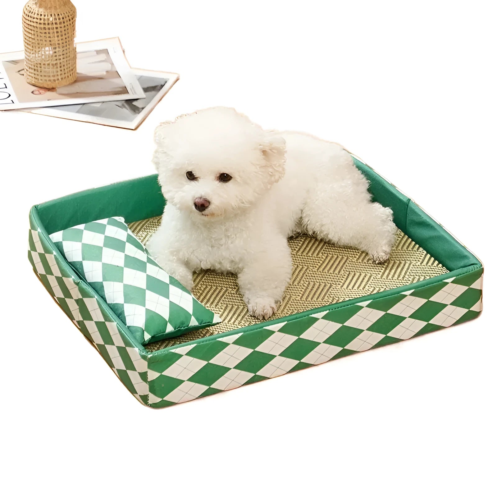 Blue rattan-textured cat litter mat and bed next to a litter tray