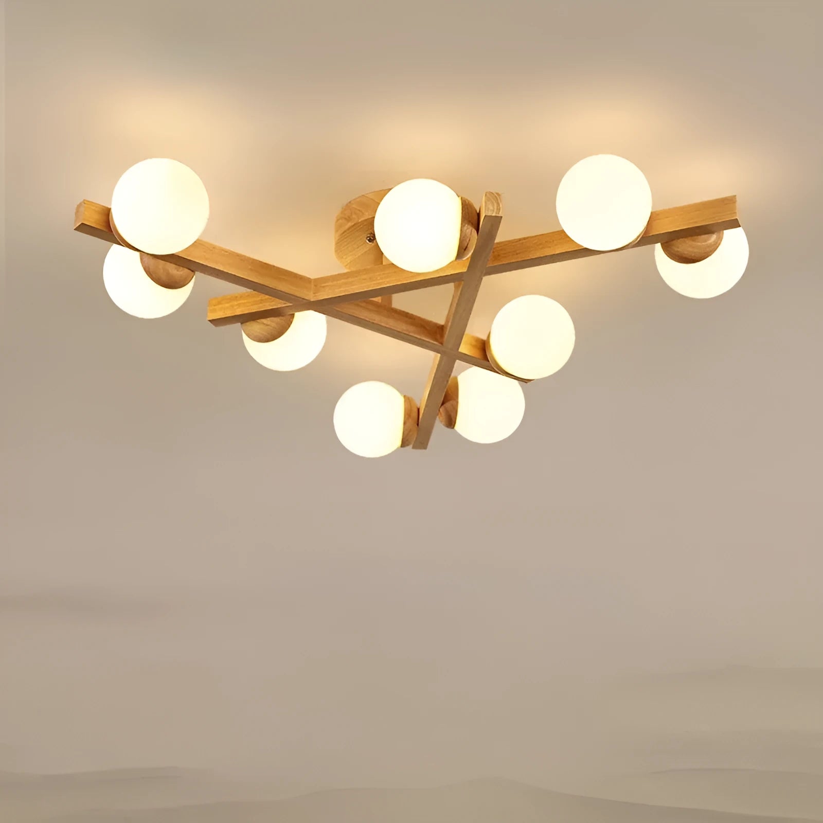Wooden style ceiling light fixture with modern Nordic design and three light heads