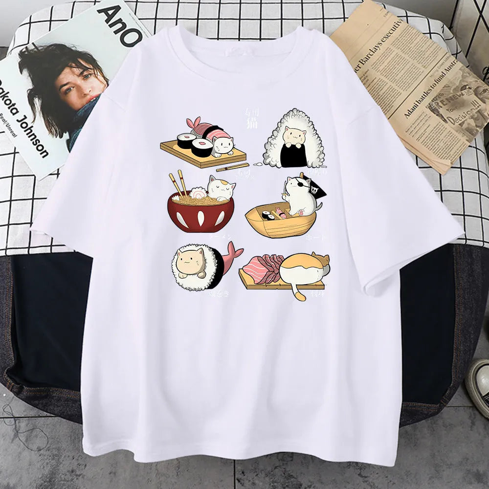 Men's cotton T-shirt with cartoon cat sushi design in loose fit with short sleeves