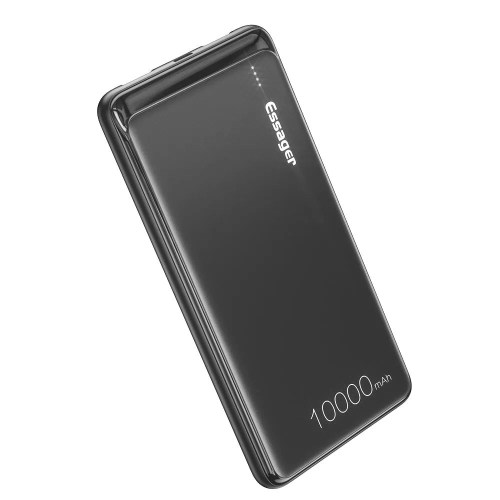 Essager 10000mAh portable power bank with LED indicators and dual USB ports in black