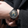 Men's waterproof mechanical watch with stainless steel strap and transparent case back showing movement