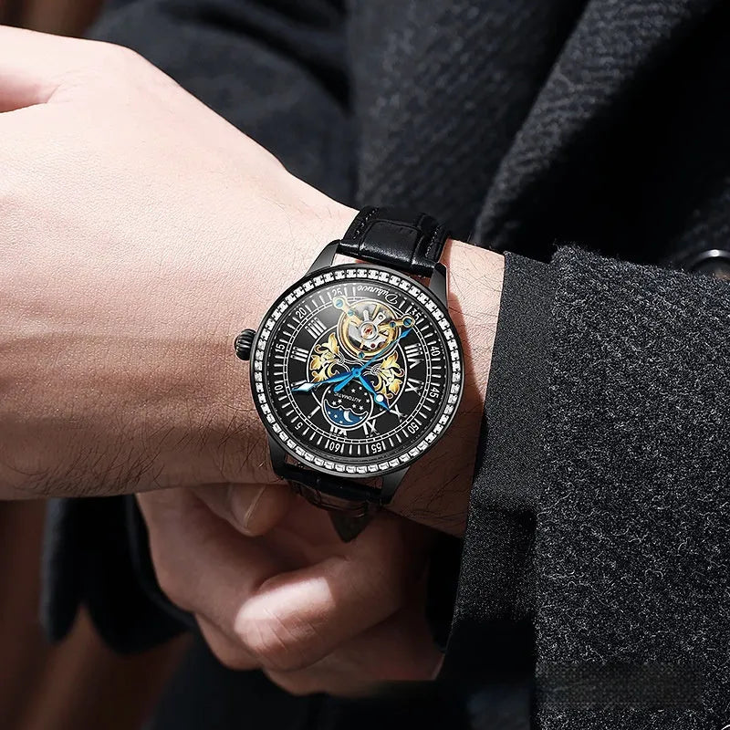 Men's waterproof mechanical watch with stainless steel strap and transparent case back showing movement
