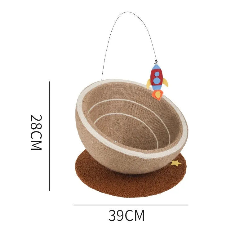 Large integrated cat scratching basin and nest with sisal rope surface and flannel-lined bed area in starlight colour