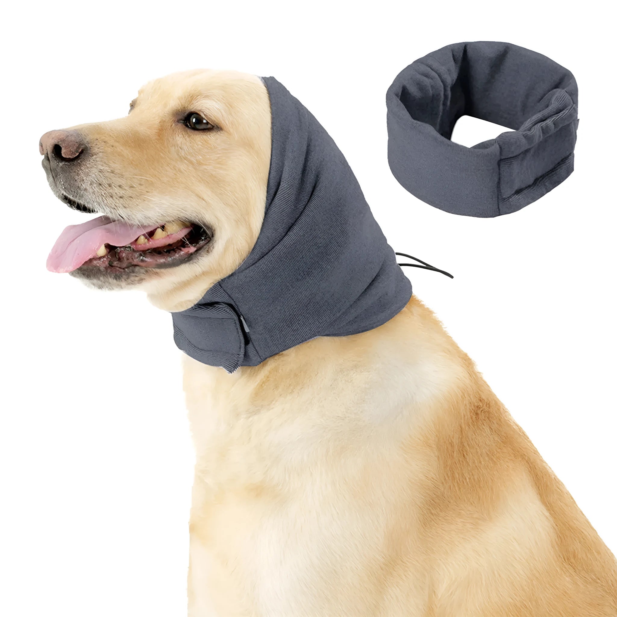 Black dog calming hoodie with ear wraps and closure, shown on a dog model