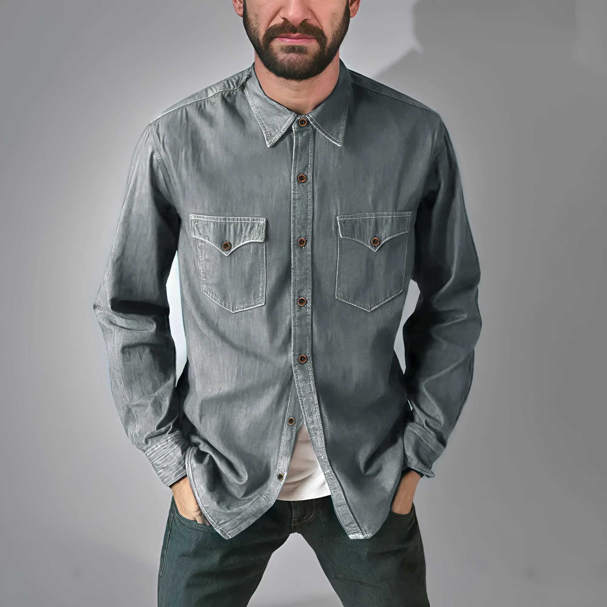 Men's regular fit denim cardigan coat in khaki colour with button front.