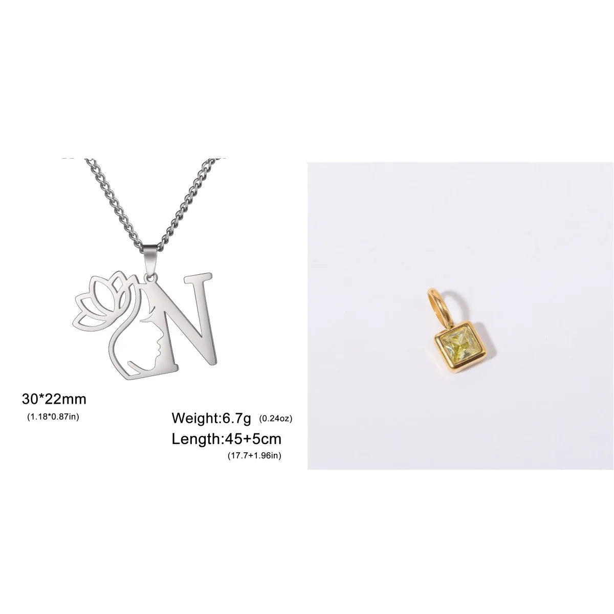 Stainless steel necklace with cross chain design and single letter pendant in gold or silver electroplated finish