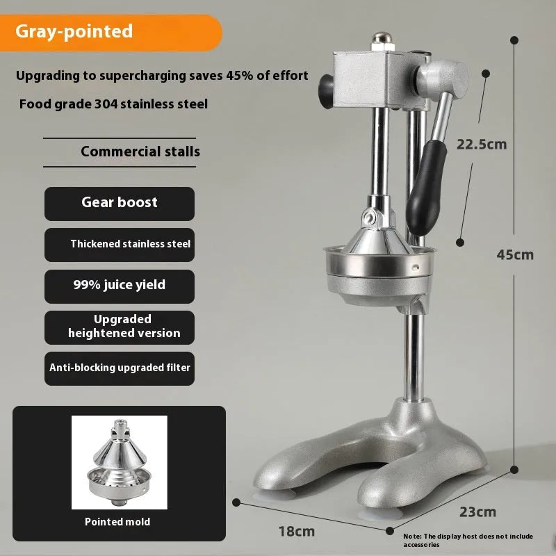 Stainless steel manual vertical juicer on a countertop, showing options for black, silver, orange, white, and electroplated finishes with pointed, flat, and double head tips.