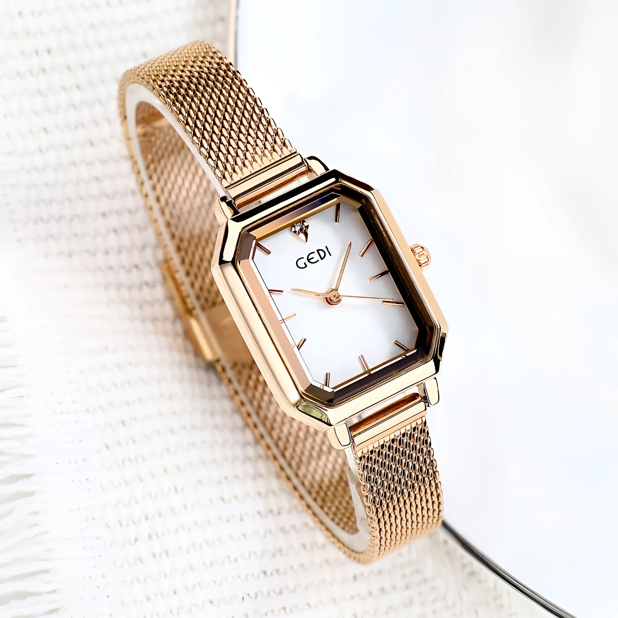 Women's square retro casual watch with rose gold case in six colour variations