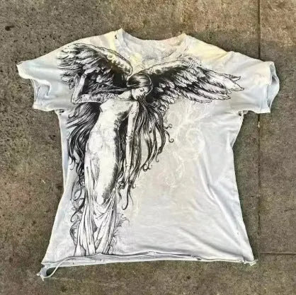 Men's gothic cartoon pattern short sleeve t-shirt in colour HQ929 on a size chart background.