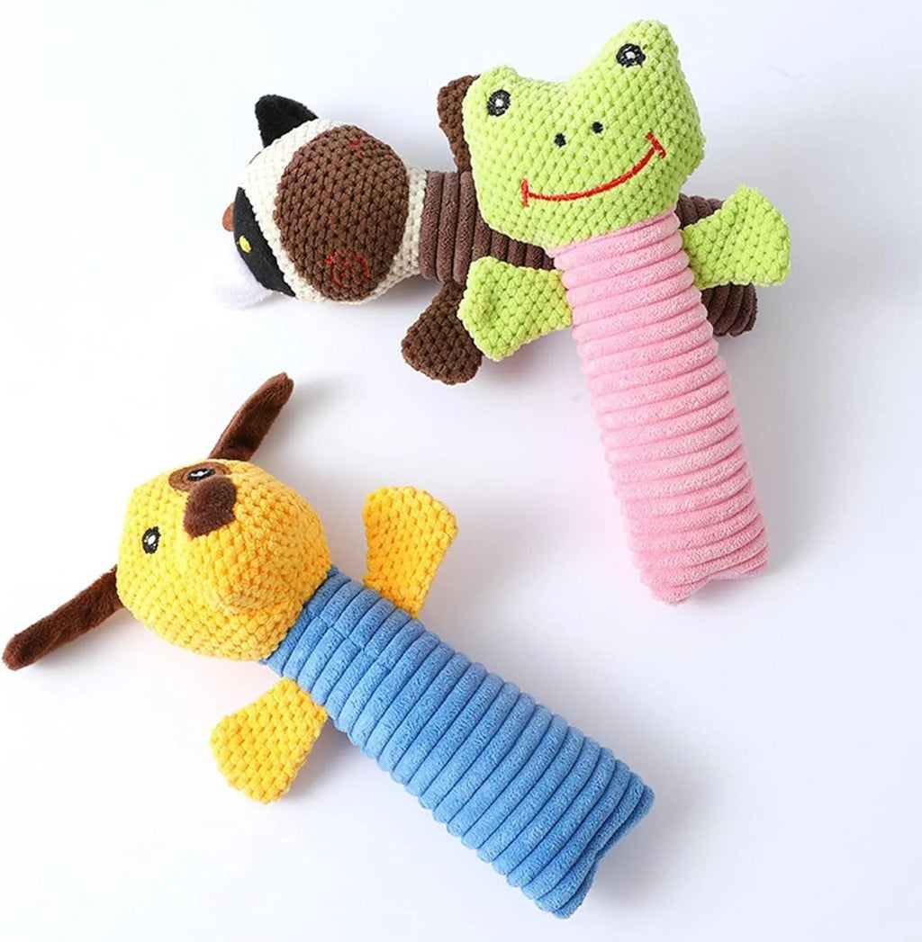 Squeaky plush dog chew toy in animal shape for dental cleaning, 19cm long