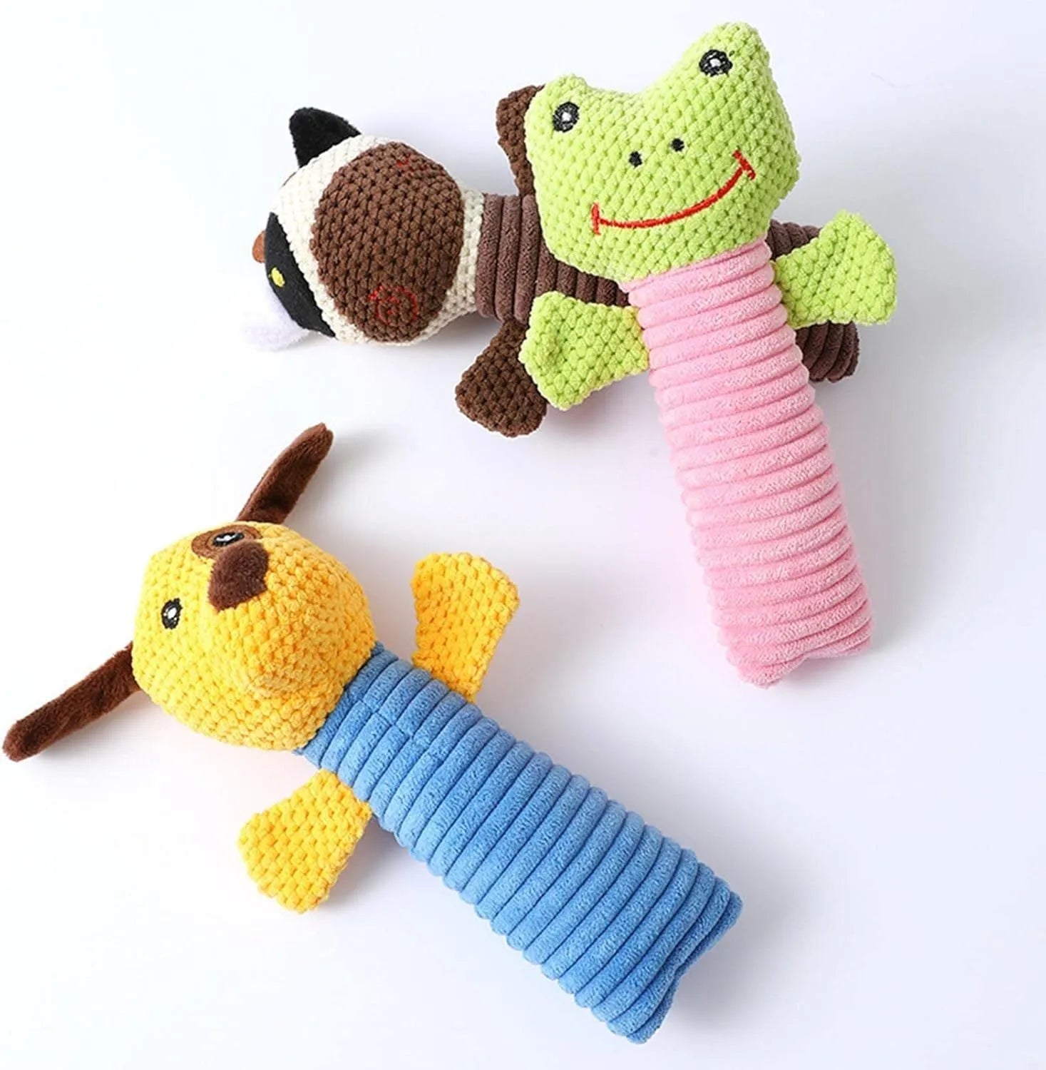 Squeaky plush dog chew toy in animal shape for dental cleaning, 19cm long