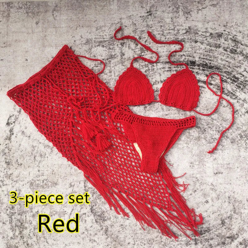 Women's handmade crochet bikini and matching beach skirt swimsuit set in acrylic fabric