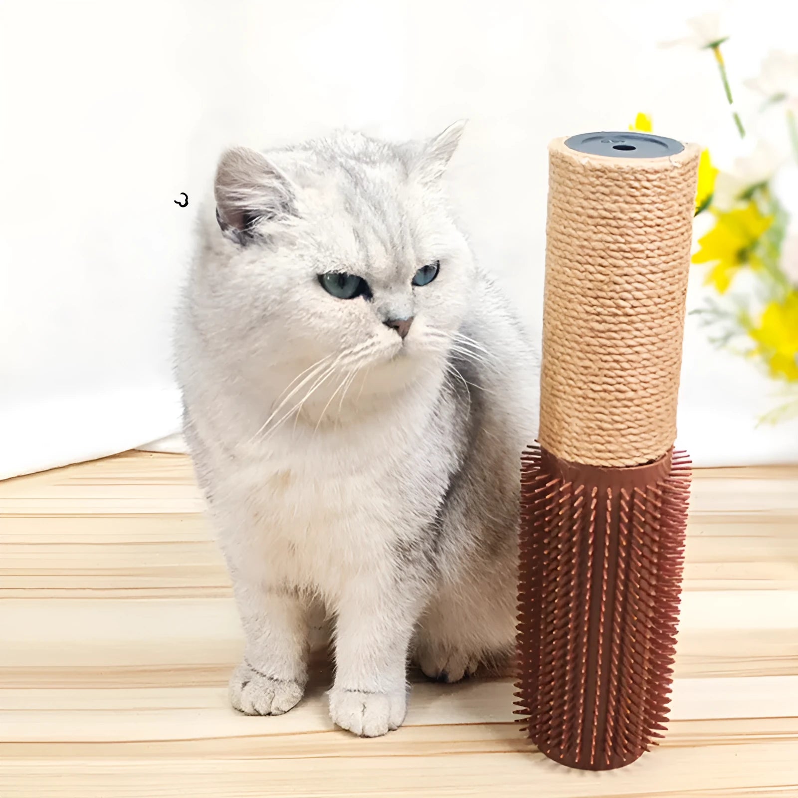 Brown sisal scratching post for cats measuring 30cm tall with 5.8cm square base
