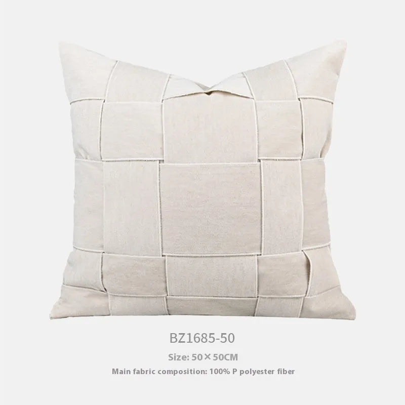 Square chenille woven sofa cushion in beige colour with textured surface and feather velvet core