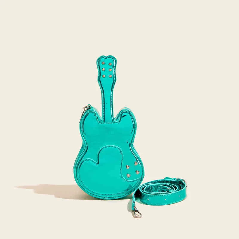 Guitar-shaped black crossbody shoulder bag made from PU leather