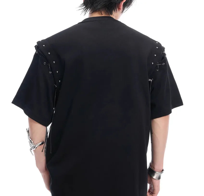 Deconstruction lace-up cutout short sleeve t-shirt in Black or White cotton-polyester blend