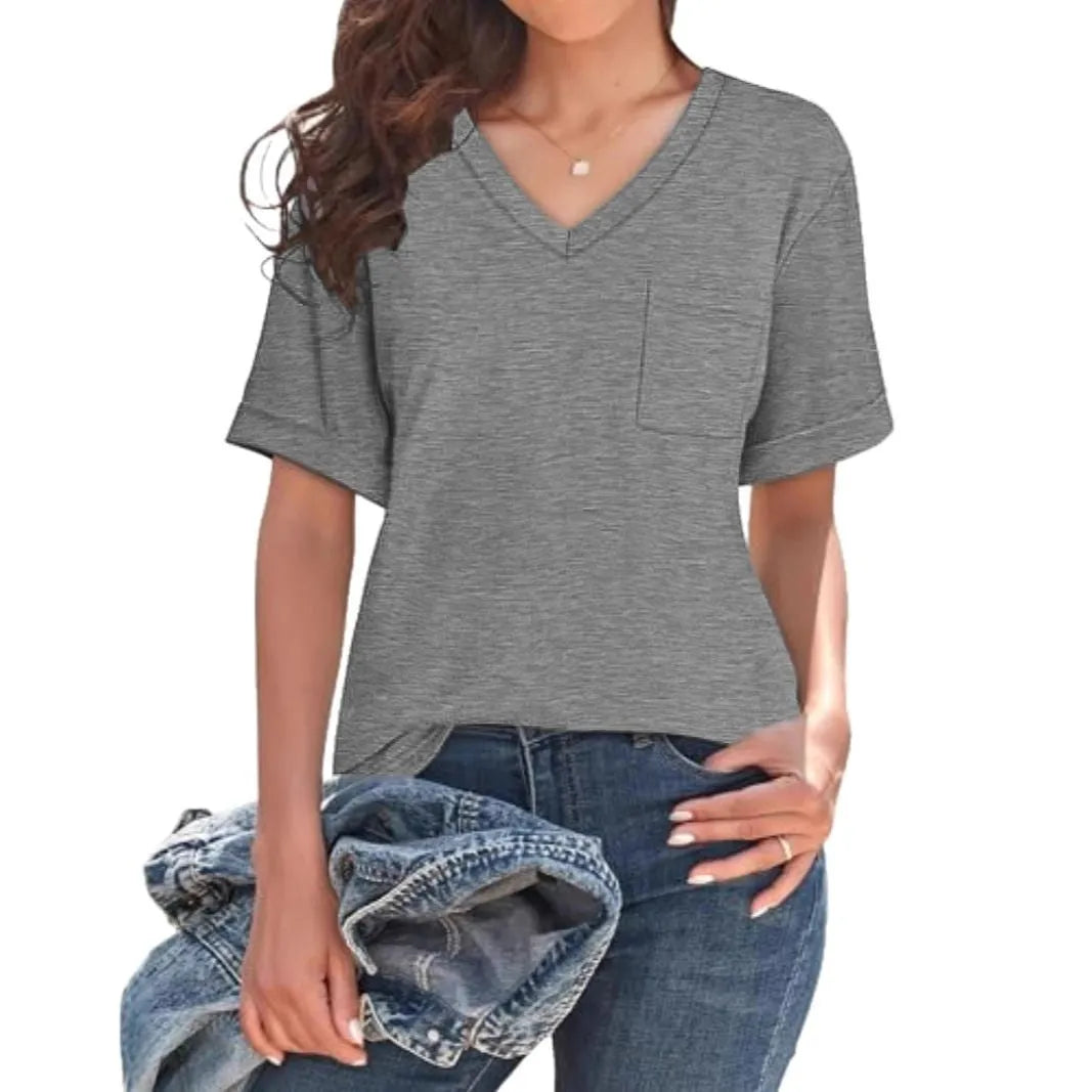 Grey loose fit men's V-neck t-shirt with chest pocket in Japanese Korean casual style