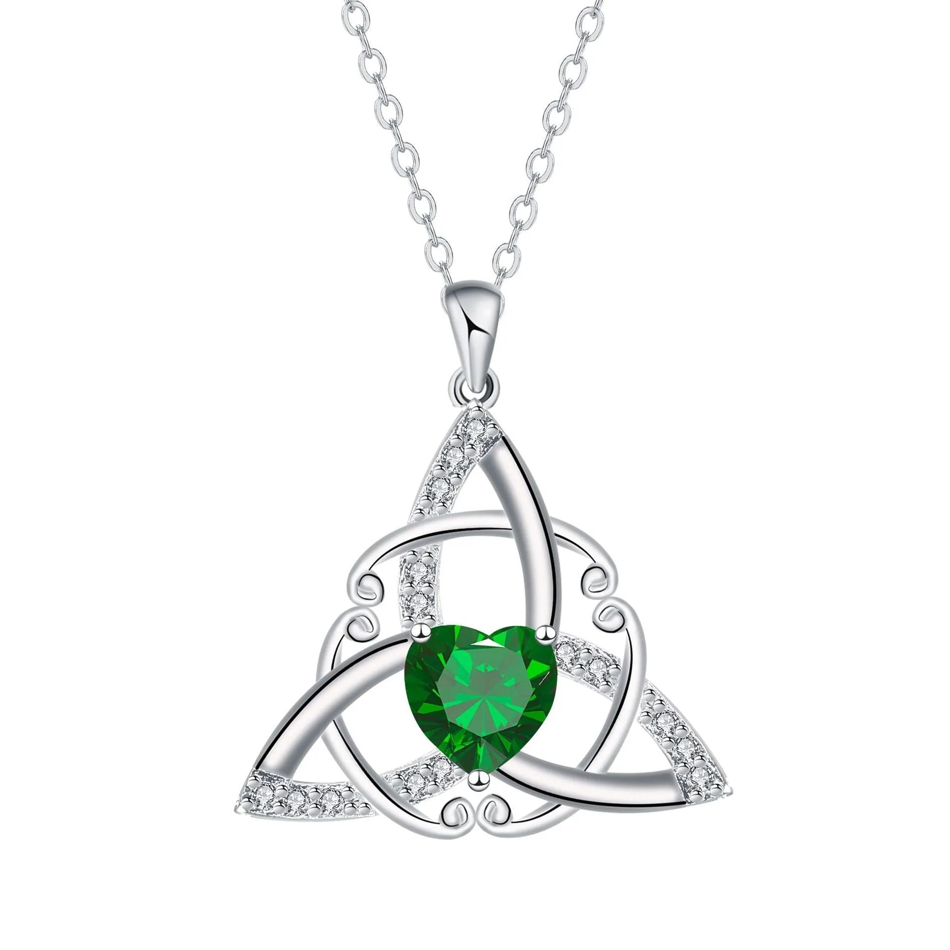 Close-up of a women's Celtic knot pendant necklace with geometric design in a choice of blue, lvzuan, red diamond or white diamond colour.