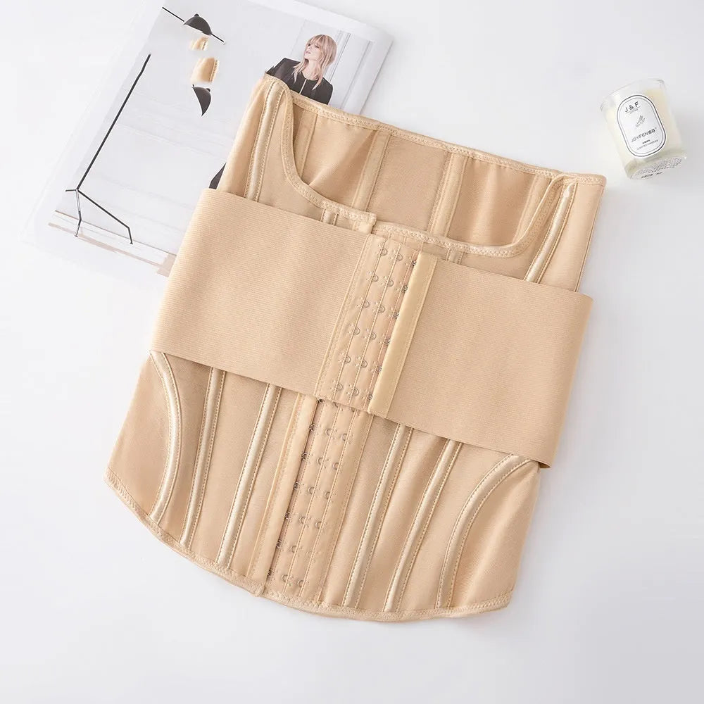 Nylon belly band waist trainer for tummy slimming in black and apricot colours.
