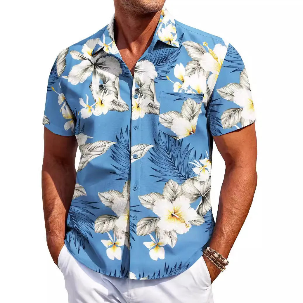 Men's slim fit short sleeve shirt cardigan in elastic polyester fabric on a hanger.