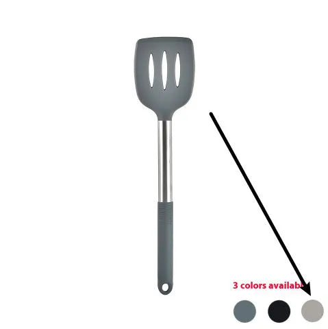 Silicone kitchen utensil set with 12 pieces including spatula, turner, ladel, and food clip in rotating storage bucket