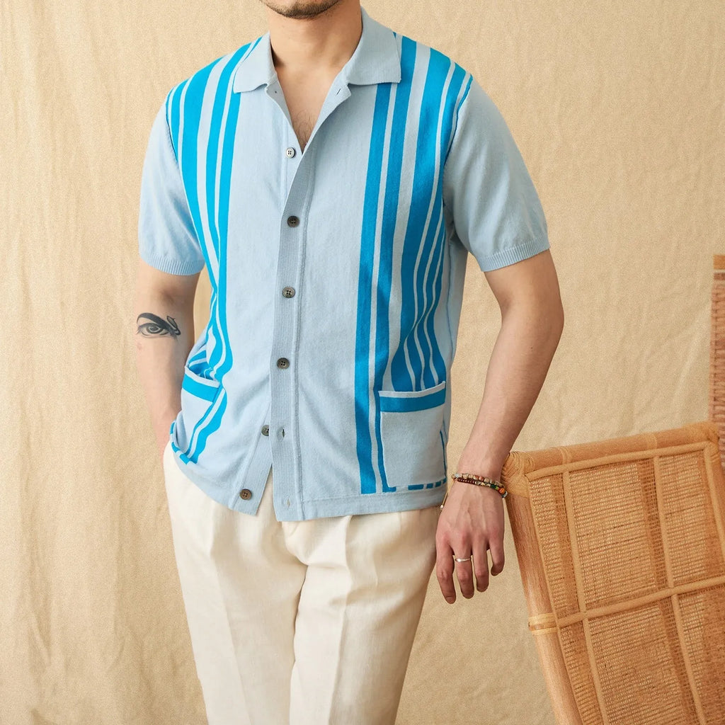 Men's striped cardigan polo shirt with lapel collar and short sleeves in cotton blend fabric