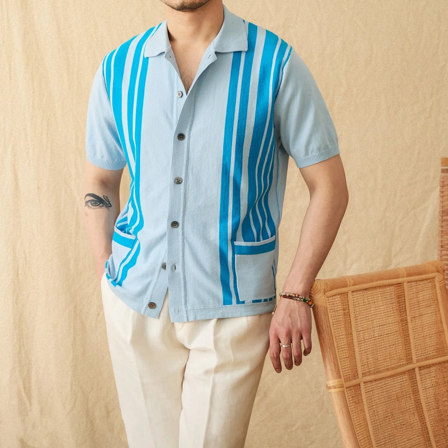 Men's striped cardigan polo shirt with lapel collar and short sleeves in cotton blend fabric