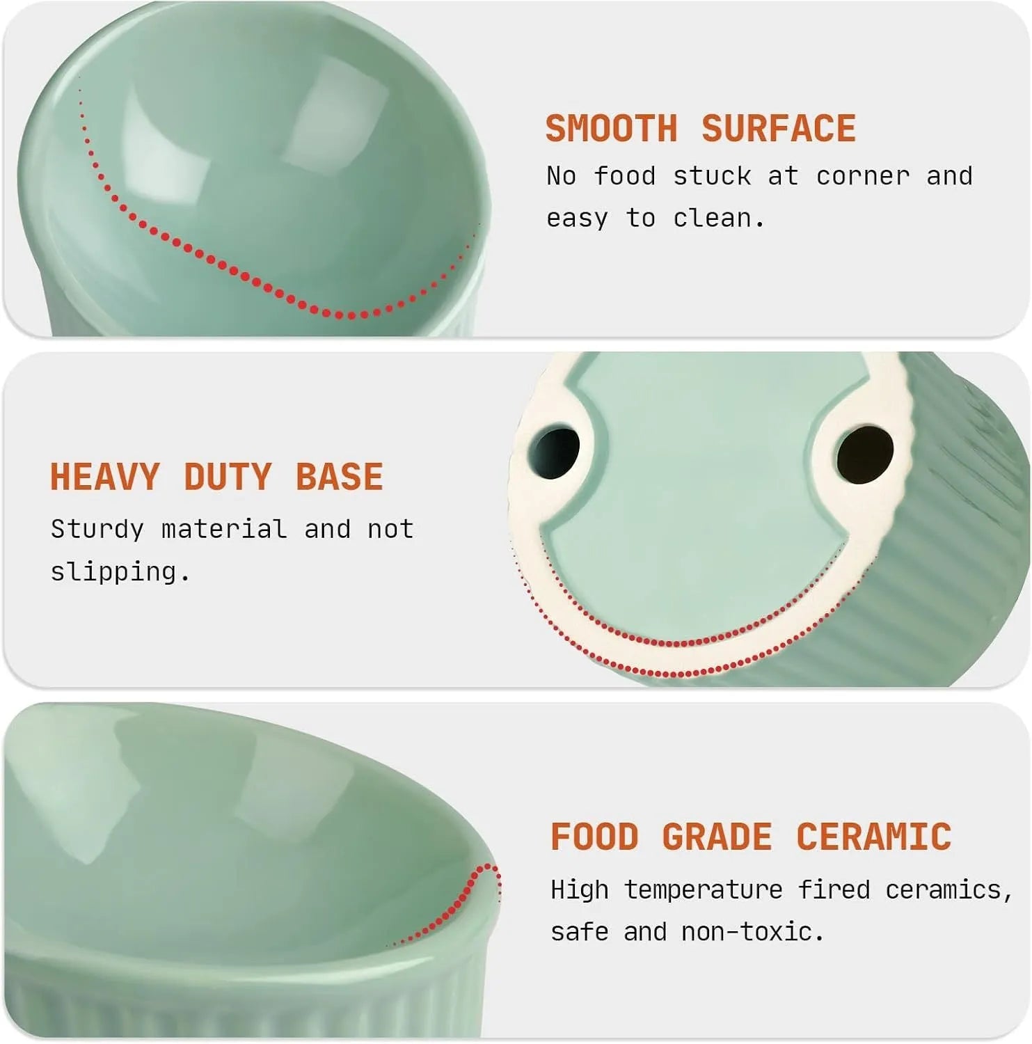 Dark green ceramic elevated cat bowl with tilted, round whisker-friendly design on a wooden floor.