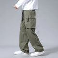 Boys' straight-leg cargo trousers in Army Green with large pockets and a drawstring waistband.